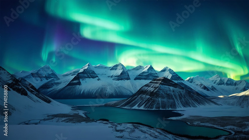 Norden light in night sky over a snow mountain peak 