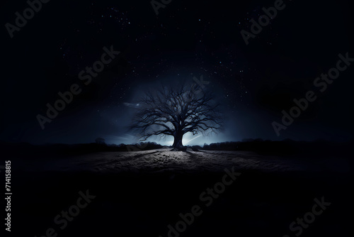 In the eerie darkness of the night, a pitch-black old tree stands in stark silhouette, its gnarled branches and twisted form casting haunting shadows, with the only illumination emanating from behind