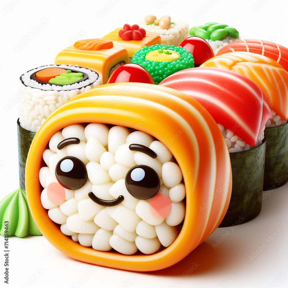 3D funny cartoon of sushi. Traditional food. AI generated
