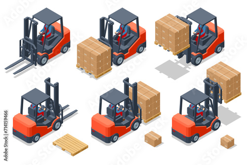Isometric forklift isolated on white background. Forklift truck. Hydraulic machinery. Forklift truck with man driving.