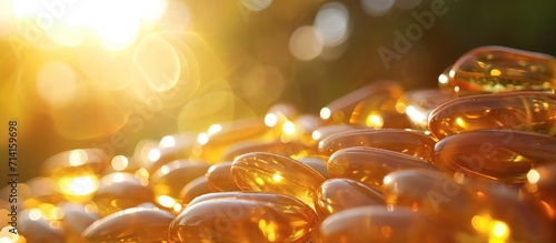 Fish oil capsules reflect sunlight for a healthy diet. photo
