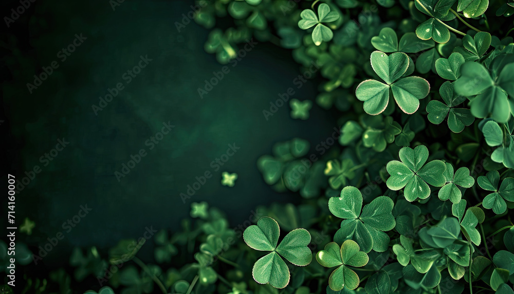 Solid dark green background with lots of free space with a bit of a realistic small photo of Shamrock clover leaves at the edges - obrazy, fototapety, plakaty 