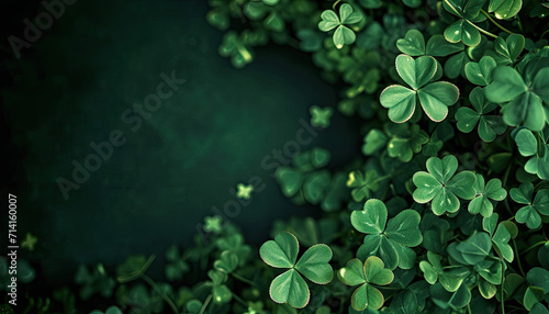 Solid dark green background with lots of free space with a bit of a realistic small photo of Shamrock clover leaves at the edges photo