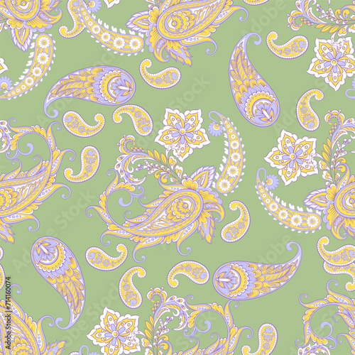 Floral seamless pattern with paisley ornament. Vector illustration in asian textile style