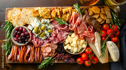 Rich charcuterie board spread filled with assorted cheese, sliced cured meat, grape, crackers, nuts and other snacks, top view. Finger food concept. Appetizers for wine photo