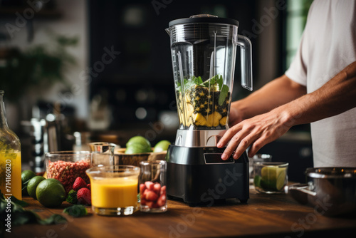 man hands making smoothie using blender. ai generated photo