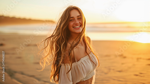 woman on a beach during sunrise, warm lighting serene joyful beautiful