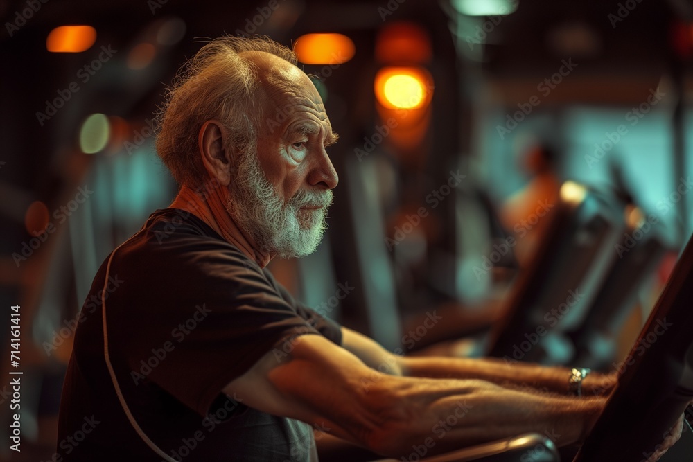 Elderly Man Focused on Gym Workout