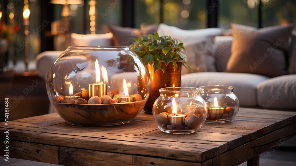 Elegant glass candle holders casting a warm glow on a rustic wooden table in a cozy living room.