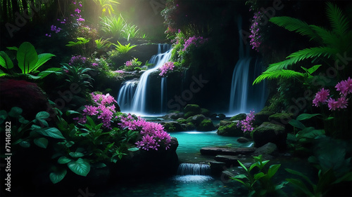 a waterfall in a forest filed with flowers