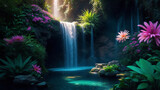 a waterfall in a forest filed with flowers