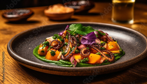 Grilled Galician octopus leg with sauce on a festive colorful plate looking delicious