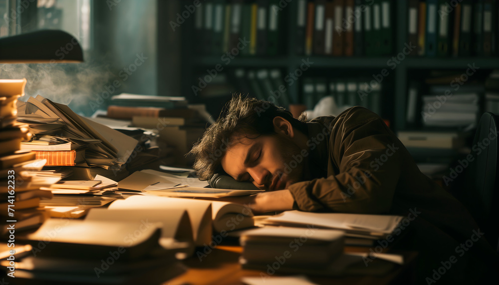Amidst the quiet glow of a desk lamp, an experienced professional finds rest amidst stacks of paperwork, a silent narrative of hard work Amidst the quiet glow of a desk lamp, an experienced professional finds rest amidst stacks of paperwork, a silent narrative of hard work