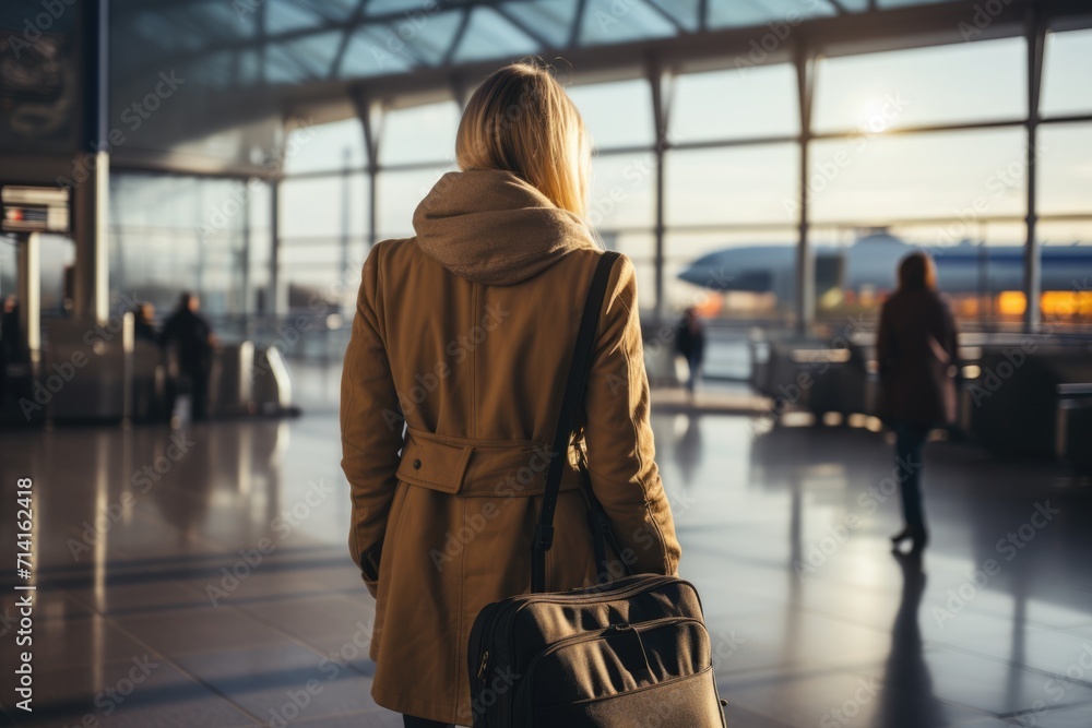 woman wearing warm clothes waiting for departure in the airport. ai generated woman wearing warm clothes waiting for departure in the airport. ai generated
