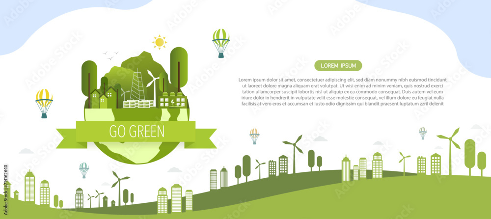 The concept Sustainability development and ecology friendly, Banner Go Green, Green city on earth for Go green, Green Vector illustration