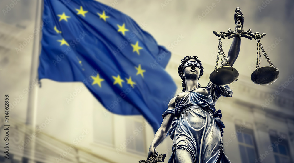 Fototapeta premium A symbolic representation of justice stands firm before the fluttering European Union flag, embodying the principles of law and unity