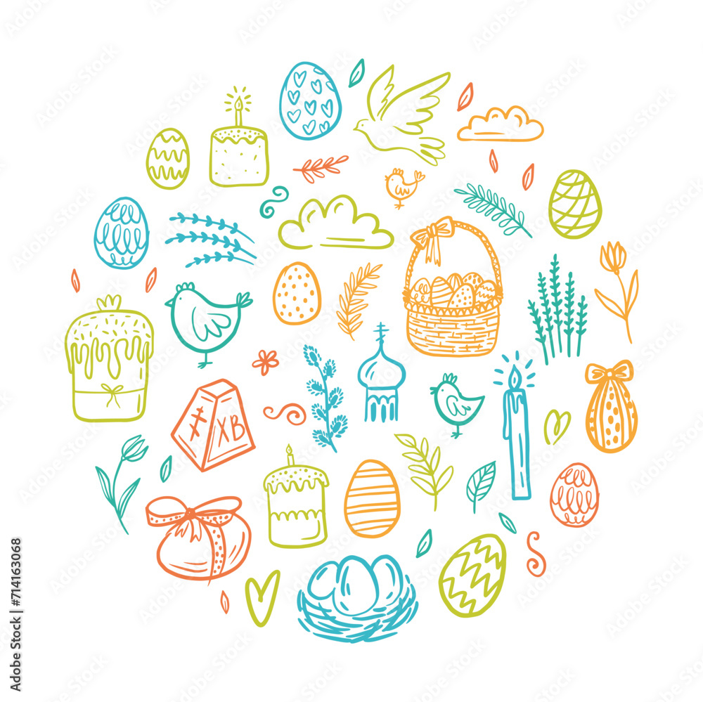 Round illustration of Easter design elements. Eggs, chicken, cakes, willow, candles hand-drawn in the style of a doodle. Round illustration of Easter design elements. Eggs, chicken, cakes, willow, candles hand-drawn in the style of a doodle.