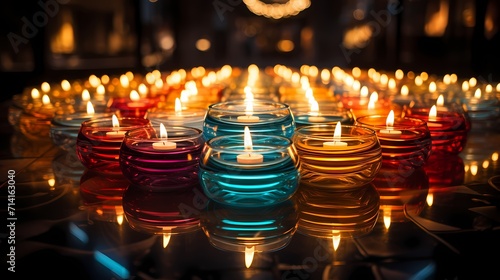 Glass candles arranged in a circular pattern, creating a harmonious and balanced focal point in the center of a room.