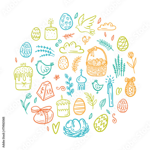 Round illustration of Easter design elements. Eggs  chicken  cakes  willow  candles hand-drawn in the style of a doodle.