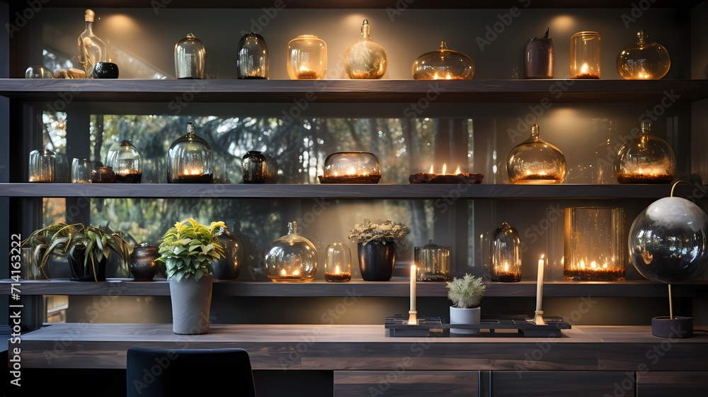 Glass candles arranged on floating shelves, creating a chic and organized display in a fashionable home office.