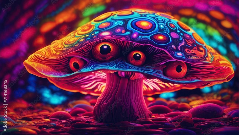 3d illustration of a psychedelic mushroom with eyes and a colorful pattern
