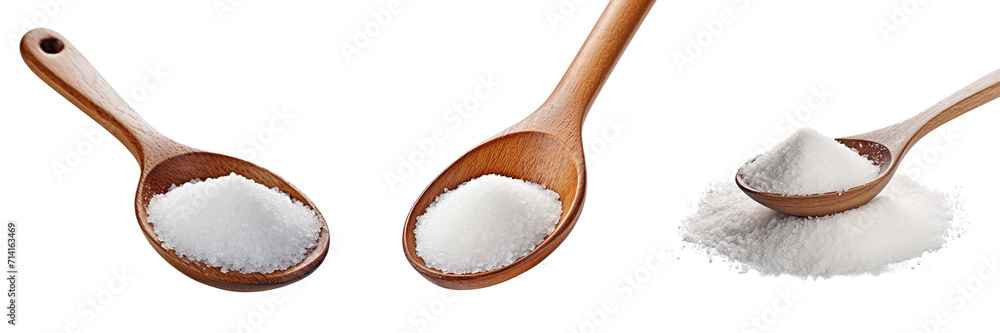 Collection of spoons holding salt, isolated on transparent or white background Collection of spoons holding salt, isolated on transparent or white background