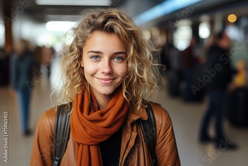 portrait of a woman waiting for departure in the airport. ai generated