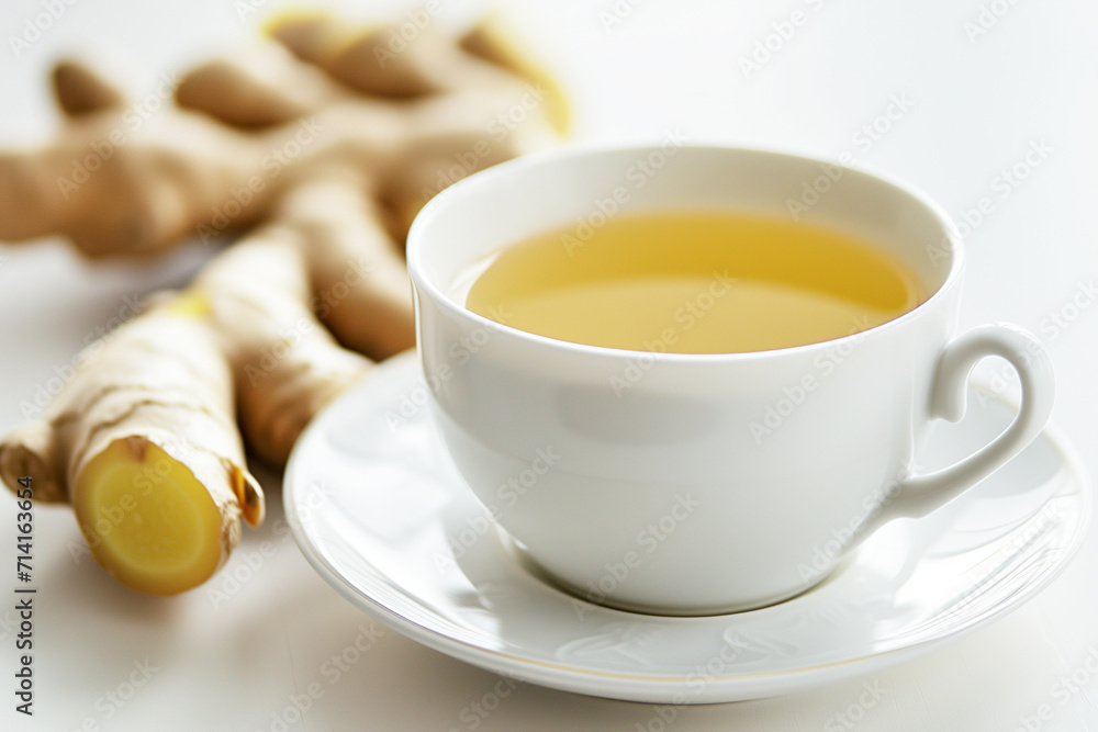 Ginger Tea in a White Cup on White Table Ginger Tea in a White Cup on White Table