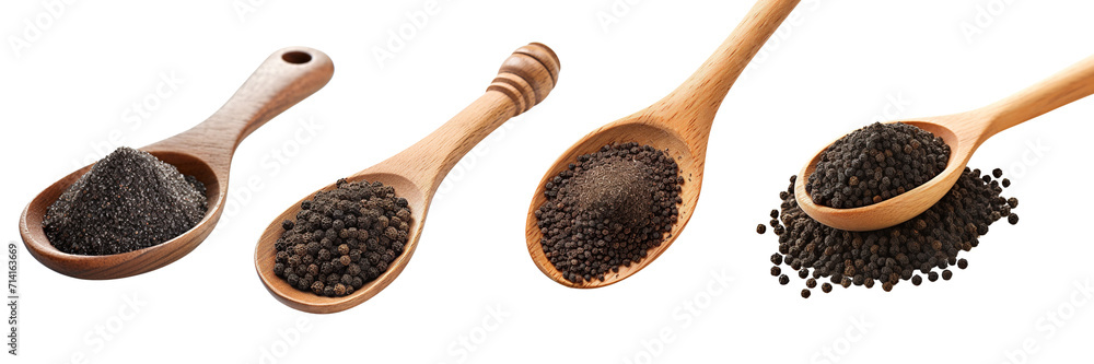 Collection of spoons holding spices powder, black pepper, isolated on transparent or white background	 - obrazy, fototapety, plakaty 