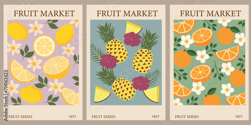 Retro abstract Fruit Market  posters. Trendy  gallery wall art with pineapple, lemon, orange. Modern naive groovy funky interior decorations, paintings. Vector art illustration