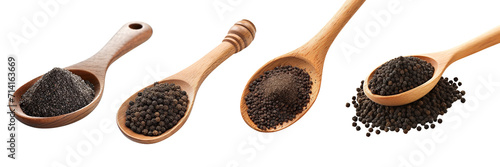 Collection of spoons holding spices powder, black pepper, isolated on transparent or white background 