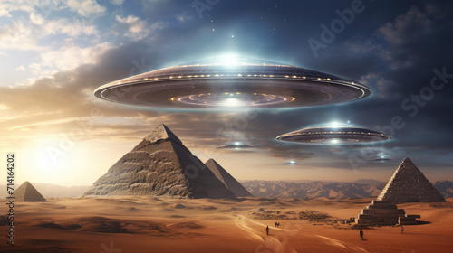 Illuminated spaceships flying above Egyptian pyramids, creative UFO design. Generative ai