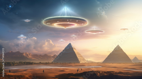 Illuminated spaceships flying above the Egyptian pyramids, creative UAP design. Generative ai