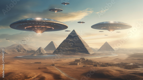 Illuminated spaceships flying above the Egyptian pyramids, unidentified aerial phenomena. Generative ai