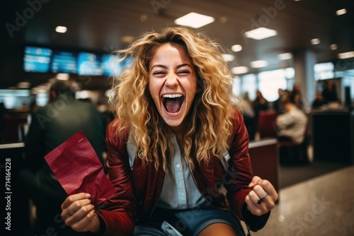 portrait of excited woman waiting for departure in the airport holding important documents. ai generated