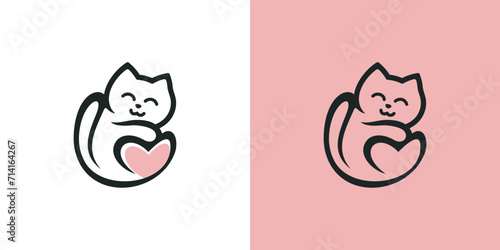 sleeping cat design icon with heart or love symbol, simple circle logo line style. the cat is asleep