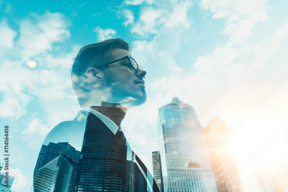 Fototapeta premium Double Exposure of Businessman and Cityscape