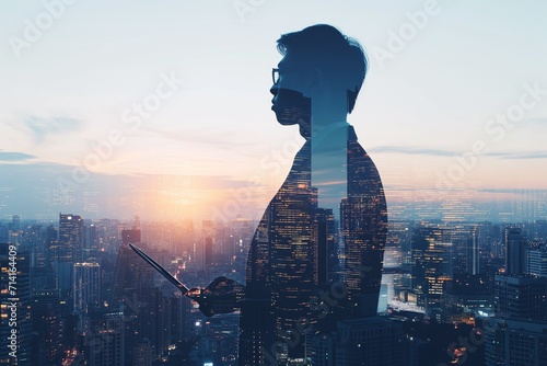 Double Exposure of Businessman and Cityscape