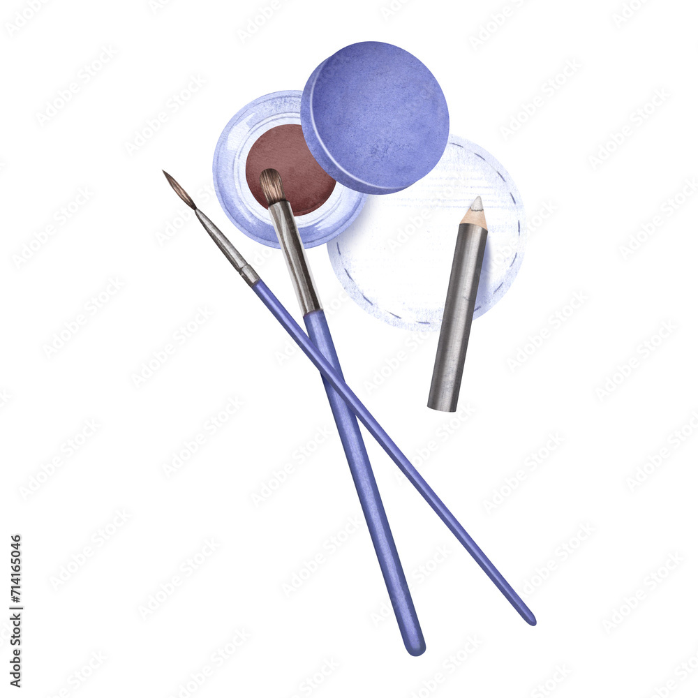 Eyebrow tinting. Professional makeup tools. Brushes, palette and eyeliner. Watercolor illustration. Beauty and fashion concept Eyebrow tinting. Professional makeup tools. Brushes, palette and eyeliner. Watercolor illustration. Beauty and fashion concept