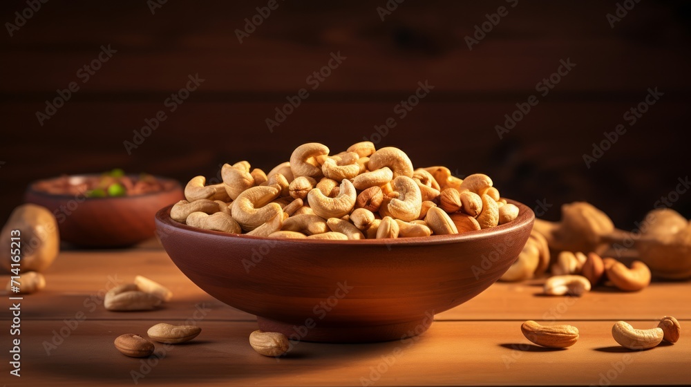 Tasty cashew nuts in bowl on wooden table. Neural network AI generated art Tasty cashew nuts in bowl on wooden table. Neural network AI generated art