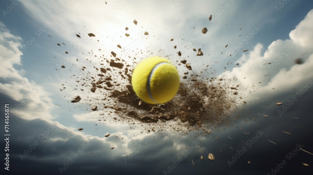 Tennis Ball in Dynamic Motion with Clay Explosion. Generative ai