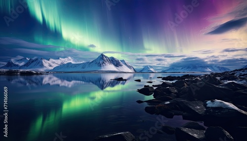 View of night sky with multicolored aurora borealis and snowy mountains peak background. Night glows in vibrant aurora reflection on the lake with forest. 