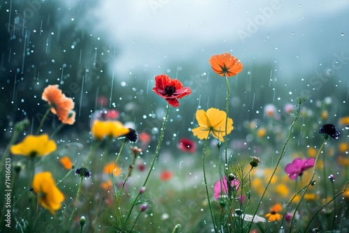 beautiful flower field in rainy weather