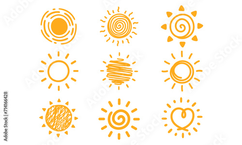 Vector con diversos tipos de sol. Sol radiante y amarillo. Ilustración de sol. Veraniego.