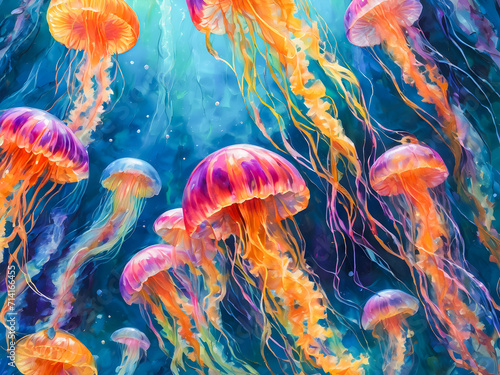 Colorful jellyfish in the ocean. Digital painting on canvas.