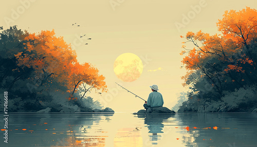 Fisherman fishing at lake with rod and catching fish. Sport outdoor man leisure or relaxation at his hobby, bucket with fish and reed, mountain landscape. Hobby of old fisherman illustration photo