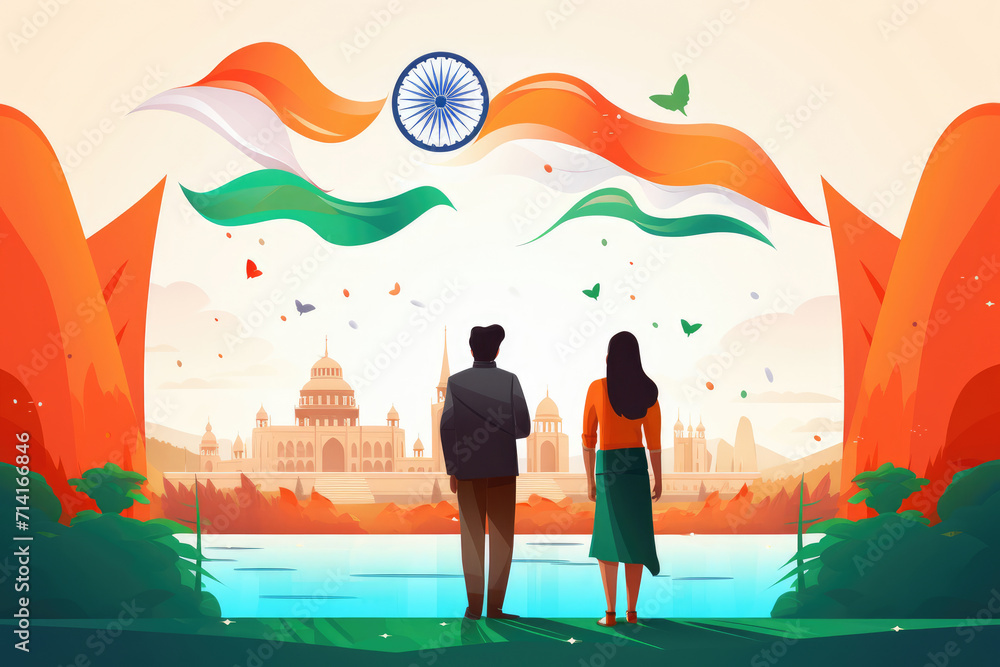 Indians silhouette designs in flag colors, Indian Independence Day illustration. Generative ai