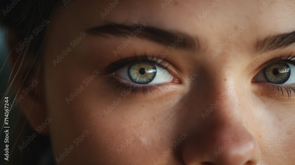 Obraz premium A striking close-up photo of a person's face, expressions revealing deep introspection and contemplation, representing inner exploration and personal growth.