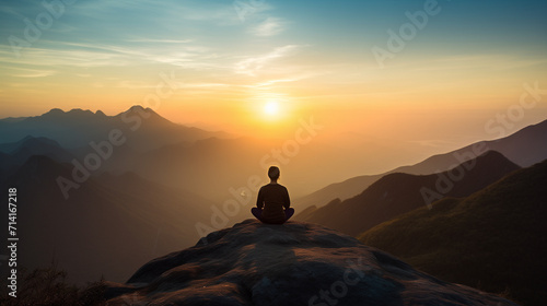 A peaceful photo capturing a person meditating on a mountaintop at sunrise, the tranquil setting and connection with nature representing the journey of self-discovery.