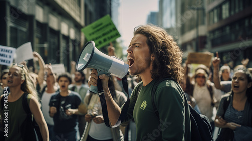 A stirring photo of activists in a climate change awareness rally, impactful visuals and passionate engagement showcasing the determination and importance of the environmental cause. photo